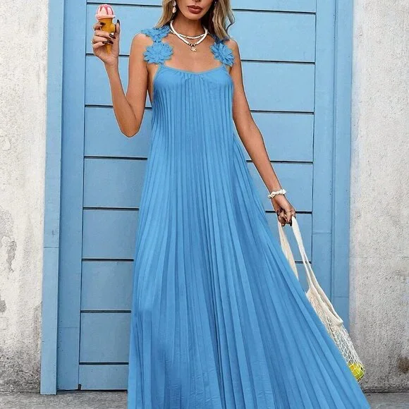 Blue Boho Women's Applique Decor Pleated Elegant Vacation Dress - Picture 3 of 6